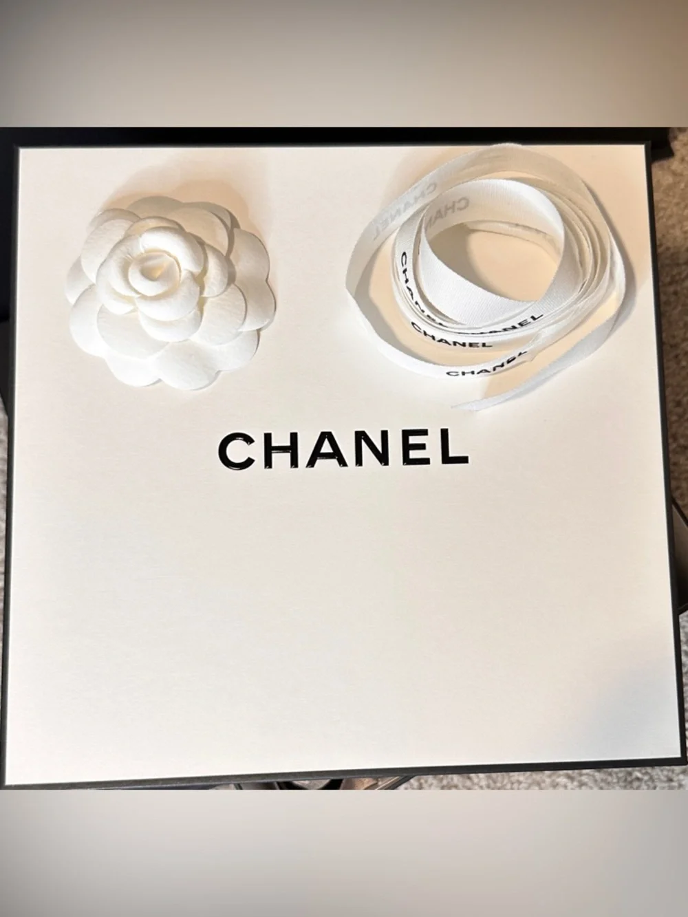 CHANEL Large Storage Gift Display Box with Camellia + Logo Ribbon. White & Black